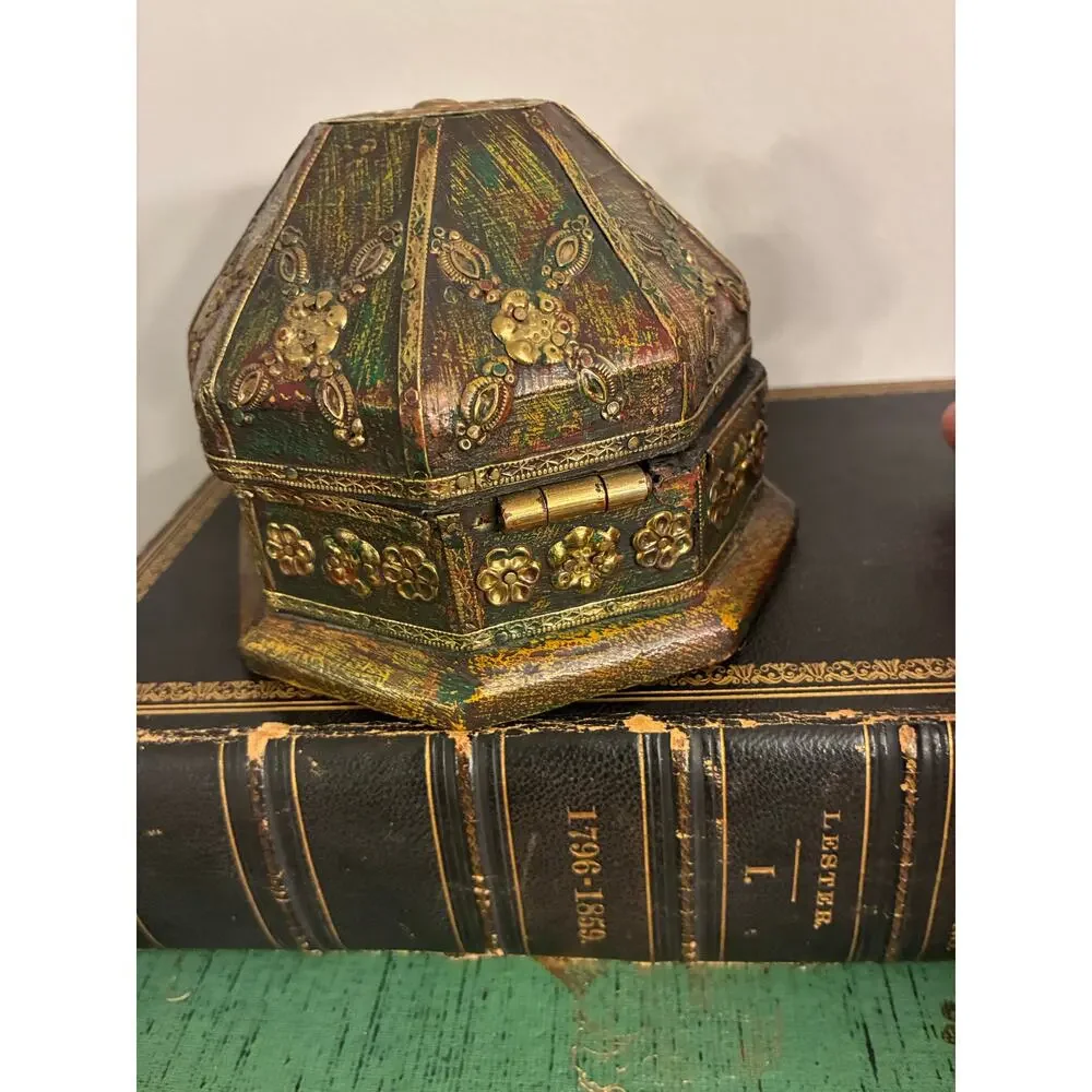 Vintage Hand Painted Octagonal Trinket Box - Embossed Brass Floral Jewelry Box